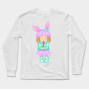 Baby girl in bunny hat and spring clothes with flower. Spring print Long Sleeve T-Shirt